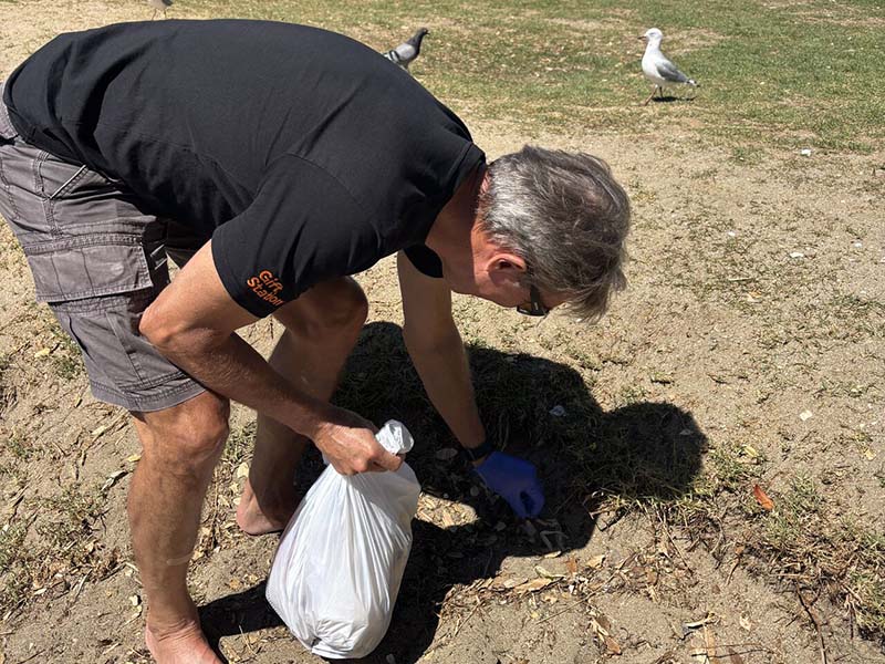 epay New Zealand team members collecting litter along Mission Bay beach during their Day of Caring community clean-up event