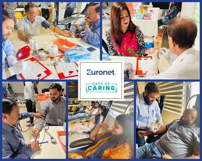 An image showing Euronet Pakistan employees organizing a blood drive for Days of Caring 2023