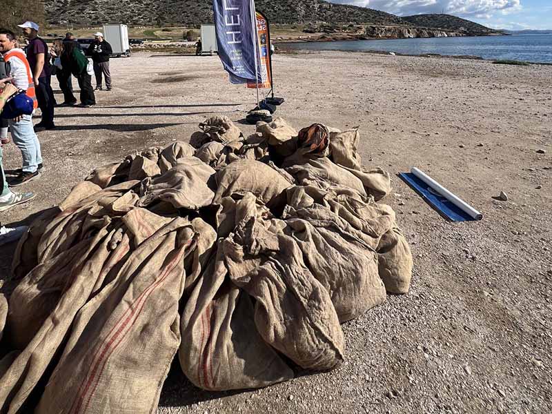 Volunteers participating in a beach clean-up at Varkiza Beach in the Athens area to protect marine life and reduce pollution.
